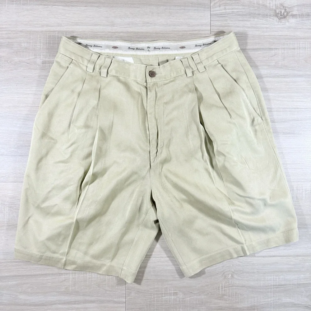 Tommy Bahama 100% Silk Shorts Size 34 Men's Twill Pleated Front Brown Embroider